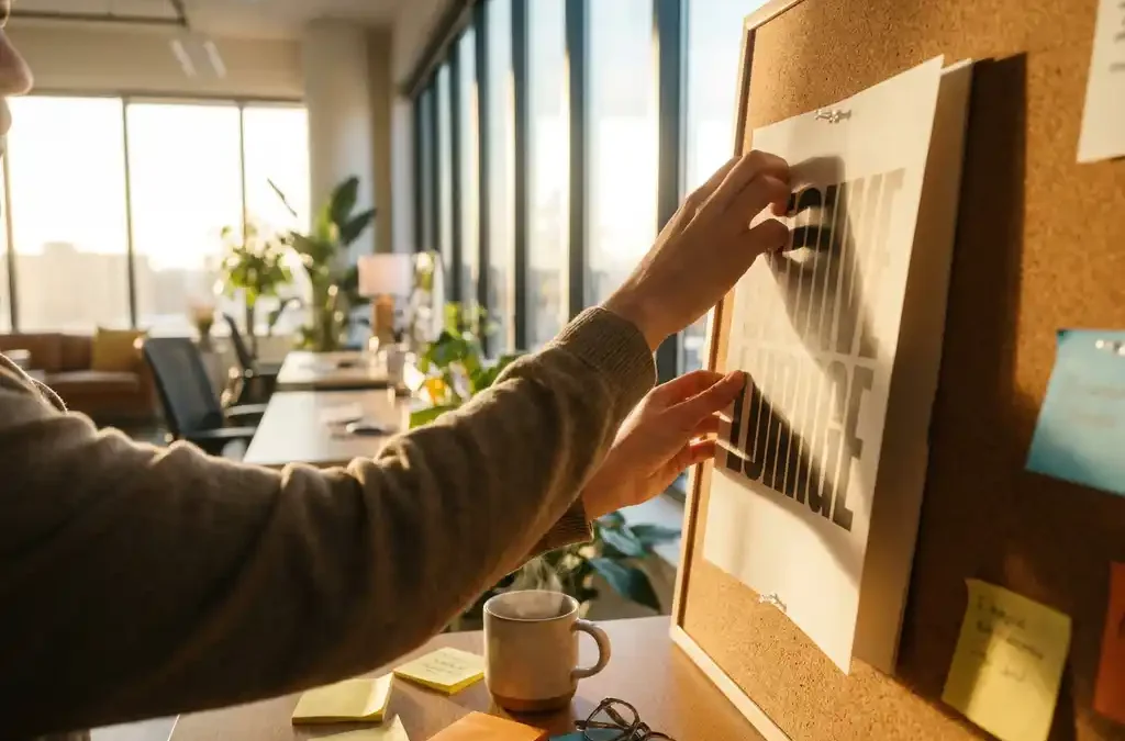 Hiring manager prikt vacature op kurkbord in licht kantoor, koffiekopje en sticky notes op bureau, gouden ochtendlicht.