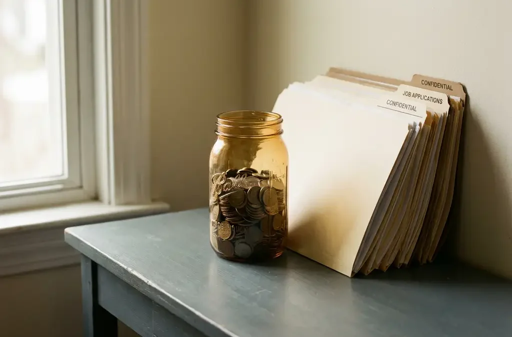 Glazen pot gevuld met munten op een recruitersbureau naast ongeopende sollicitatiemappen, zacht natuurlijk licht.