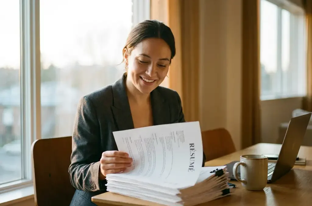 Hiring manager bekijkt stapel gedrukte cv's op kantoorbureau met laptop en koffiemok, warm natuurlijk licht.