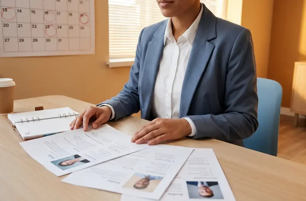 Hiring manager bekijkt kandidatenprofielen op een modern bureau met kalender, warm kantoorlicht en ondiepe scherptediepte.