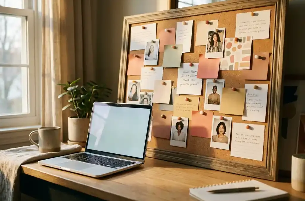 Recruiter bureau met prikbord vol kandidaatprofielen, polaroidfoto's en gekleurde punaises, laptop op de achtergrond, warm middaglicht.