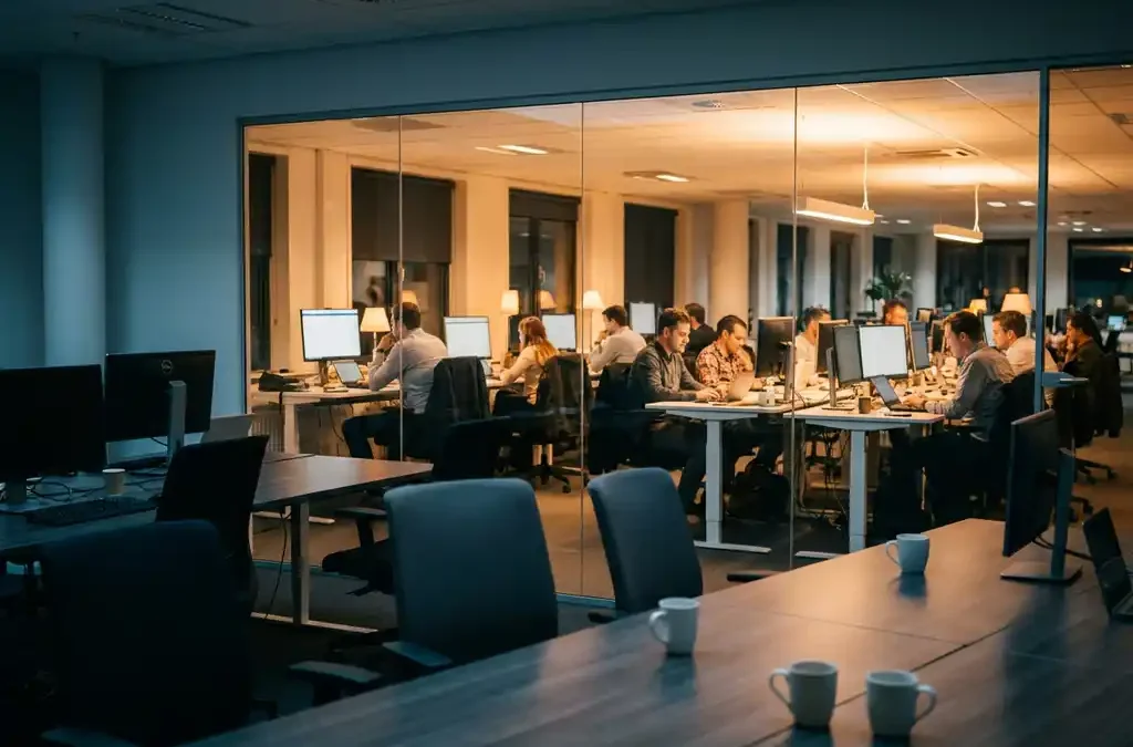 Druk bezet kantoor met medewerkers achter glazen wand, tegenover verlaten werkplek met lege stoelen en koffiebekers op de voorgrond.