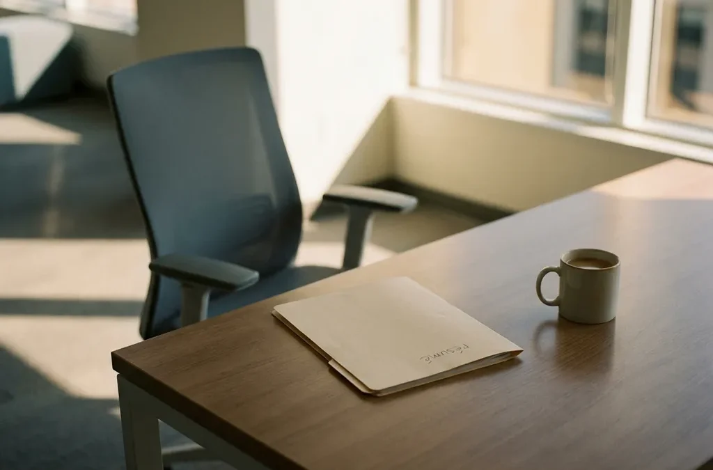 Leeg kantoor met verlaten bureaustoel, gesloten cv-map en onaangeroerde koffiemok in zacht middaglicht.