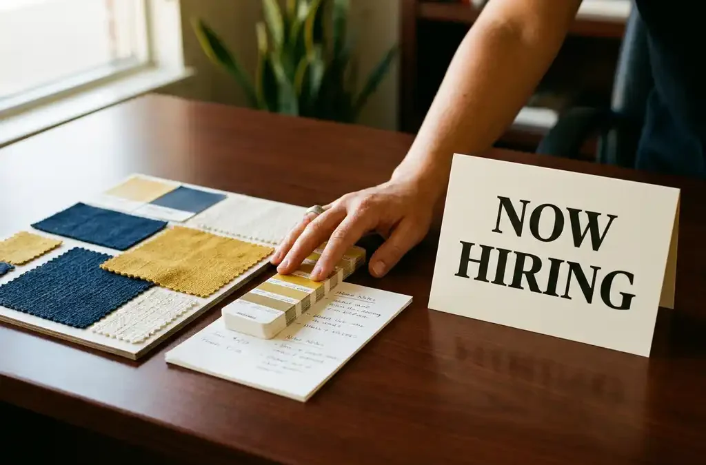 Recruitmentprofessional vergelijkt merkidentiteit moodboard met kleurstalen en 'Now Hiring'-kaart op houten bureau, warm kantoorlicht.