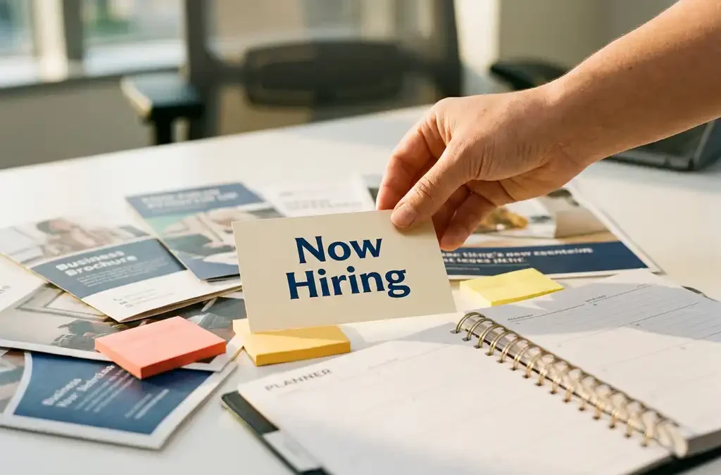 Recruiter plaatst "Now Hiring"-kaart tussen marketingmaterialen, brochures en planner op wit bureau in warm middaglicht.