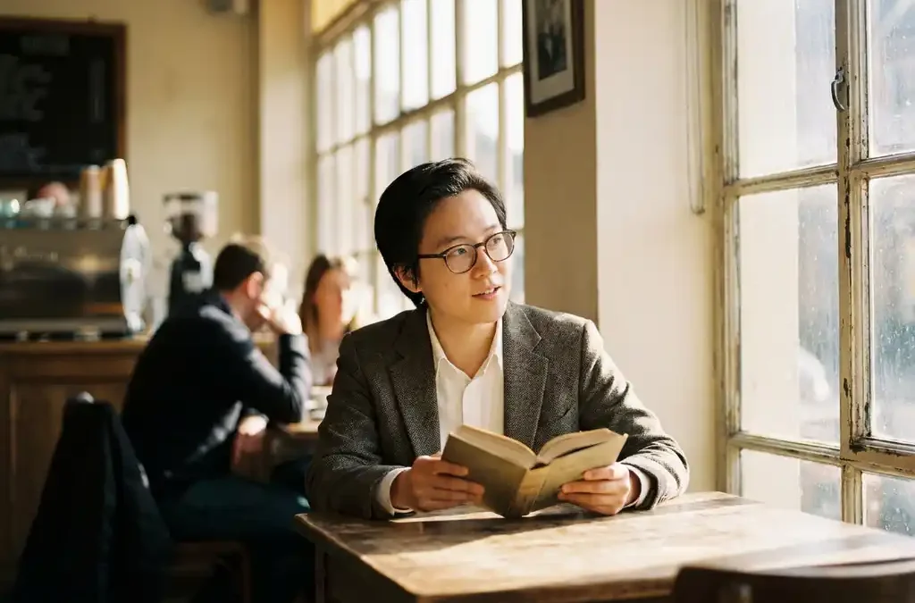 Professional leest boek in zonnig café, kijkt even op met nieuwsgierige blik, warm gouden middaglicht door grote ramen.