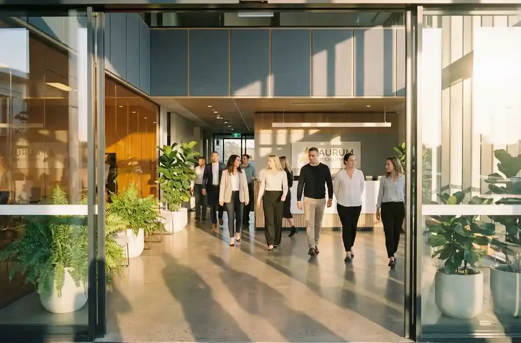 Diverse professionals lopen door glazen kantooringang van uitzendbureau, warm ochtendlicht op betonnen vloer met groene planten.