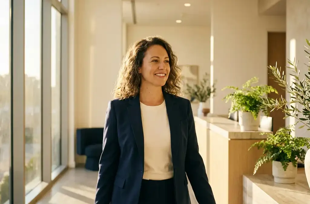 Zelfverzekerde professional loopt door moderne, lichte kantooringang met zonlicht door hoge ramen en een verwelkomende receptie op de achtergrond.