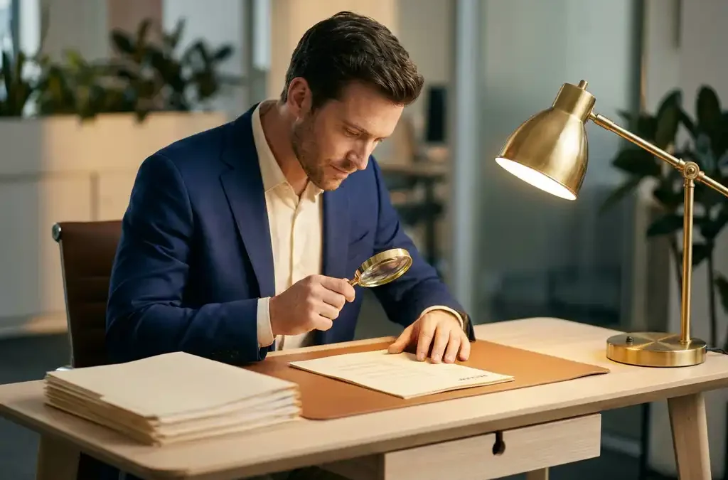 Recruiter bekijkt zorgvuldig een stapel cv's op een modern bureau, verlicht door een gerichtе bureaulamp in warme kantooromgeving.