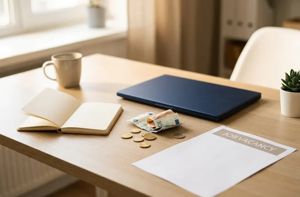 Recruiterbureau met open notitieboek, laptop en euromunten naast een vacatureblad in warm natuurlijk licht.