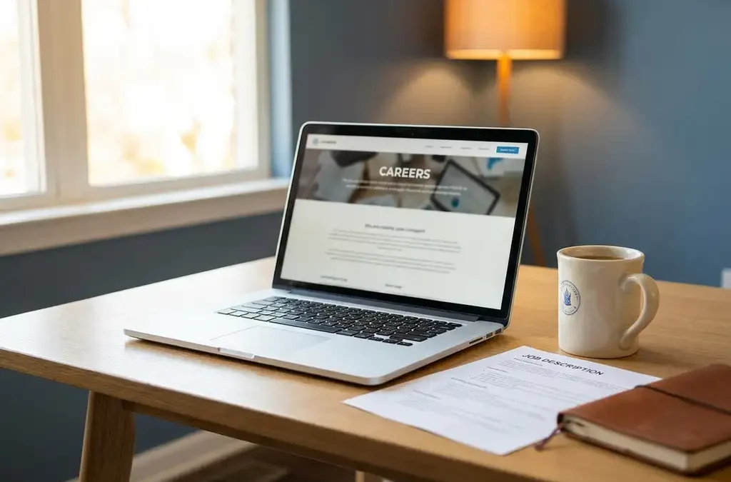 Recruiter bureau met open laptop met carrièrepagina, uitgeprinte vacature en branded koffiemok in warm natuurlijk kantoorlicht.