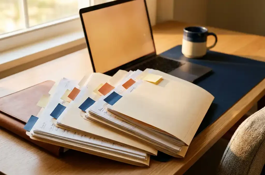 Recruiters bureau met opengeslagen sollicitatiemappen in een boog, voorzien van gekleurde sticky notes, zachte raamlicht en laptop op achtergrond.