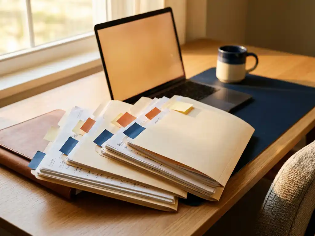 Recruiters bureau met opengeslagen sollicitatiemappen in een boog, voorzien van gekleurde sticky notes, zachte raamlicht en laptop op achtergrond.