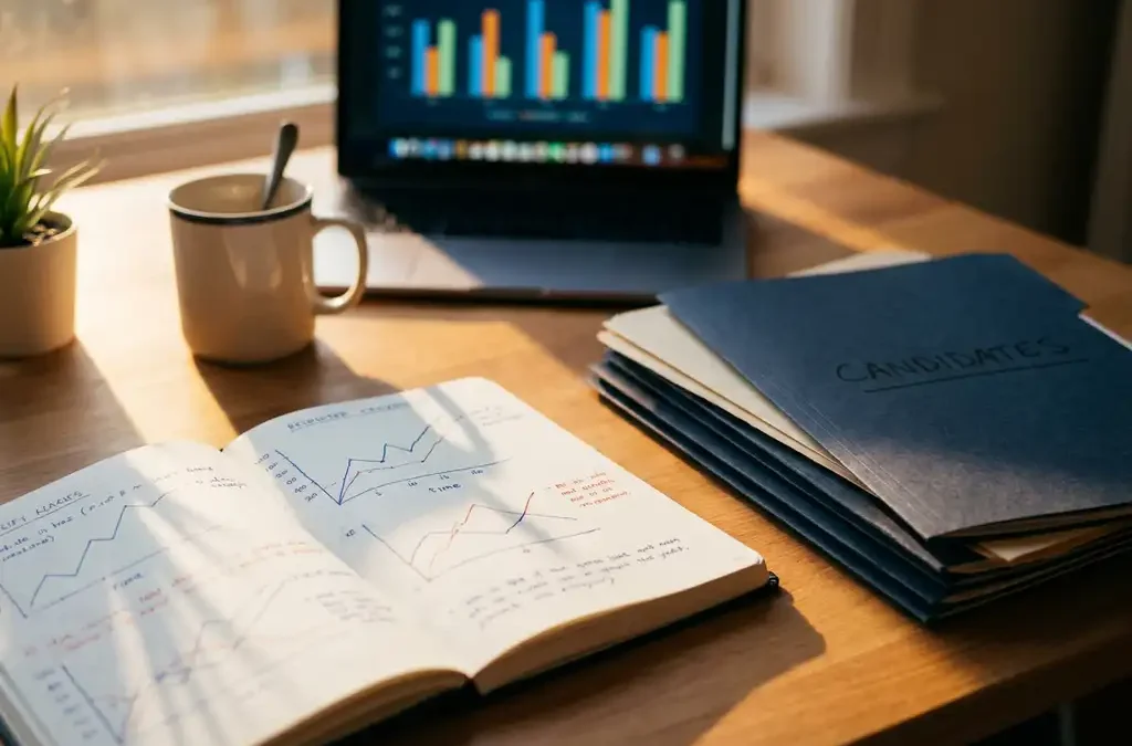 Recruiterbureau met opengeslagen notitieboek met prestatiegrafieken, koffiebeker, kandidatenmappen en laptop met staafdiagrammen in warm goudkleurig licht.