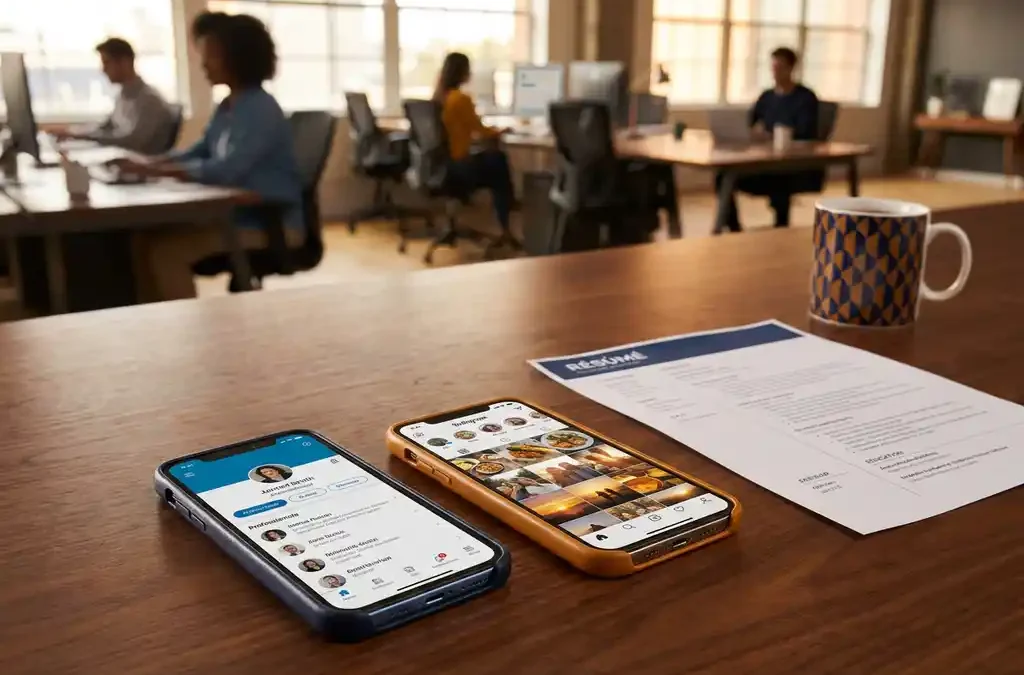 Recruitersbureau met twee smartphones naast elkaar, één met professioneel profiel en één met sociale feed, naast cv en koffie.