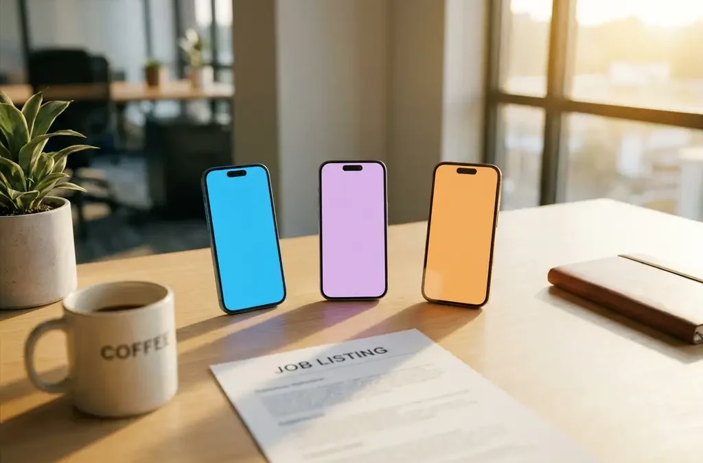 Recruiter bureau met smartphones in een boog, schermen verlicht in blauw, paars en oranje, naast een vacature en koffiekopje.