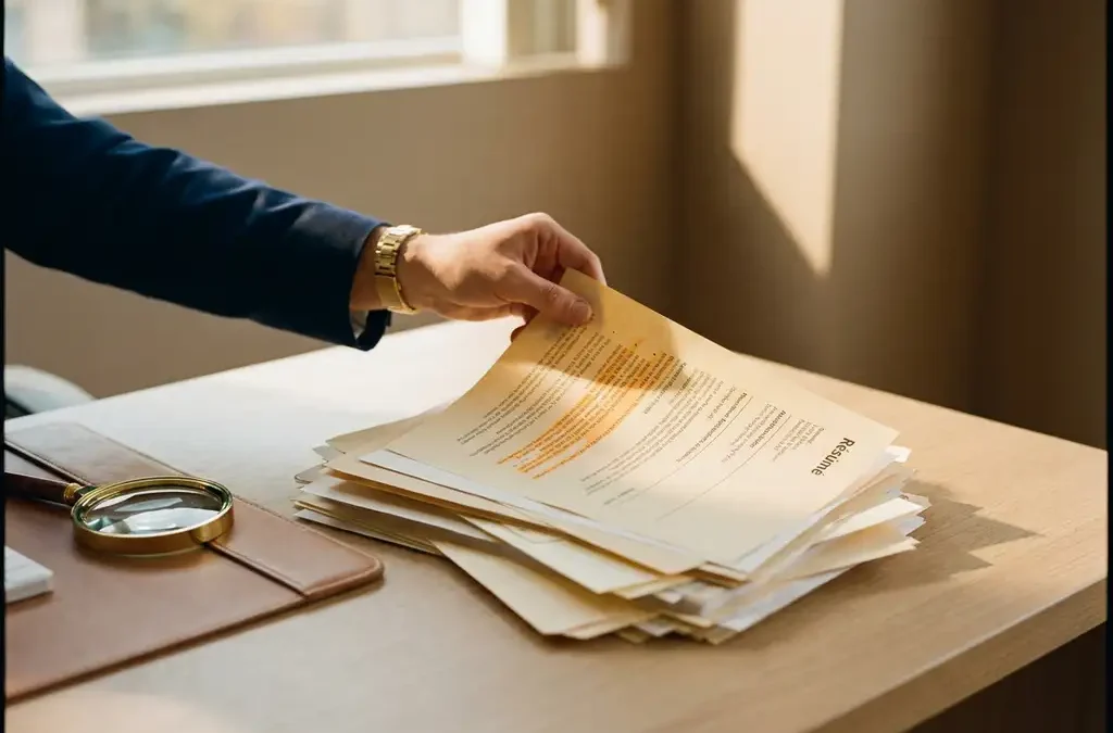 Recruiter selecteert een uitgelicht cv uit een stapel documenten op een modern bureau, met vergrootglas en warme kantoorverlichting.