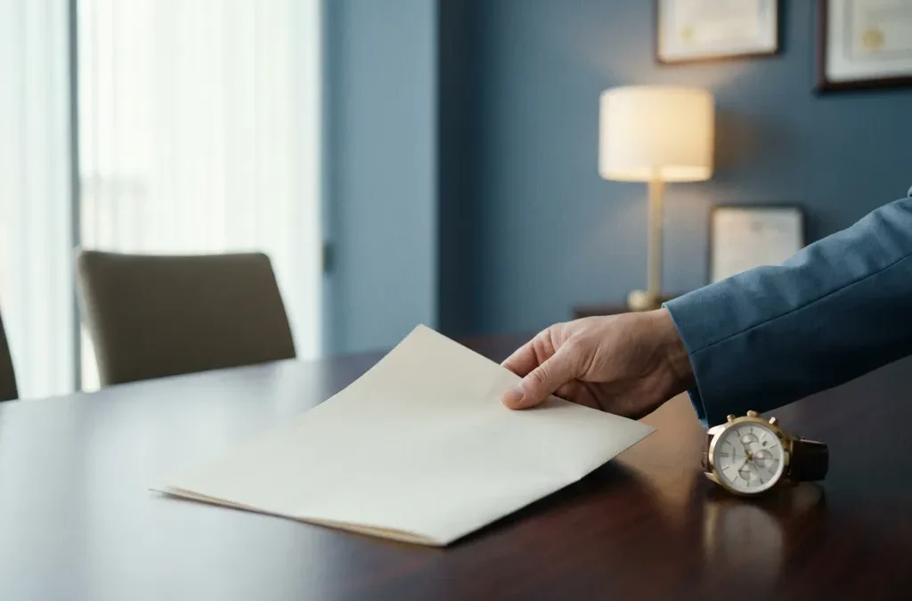 Recruiter schuift een cv over een glanzende vergadertafel, met een polshorloge ernaast dat urgentie uitstraalt.