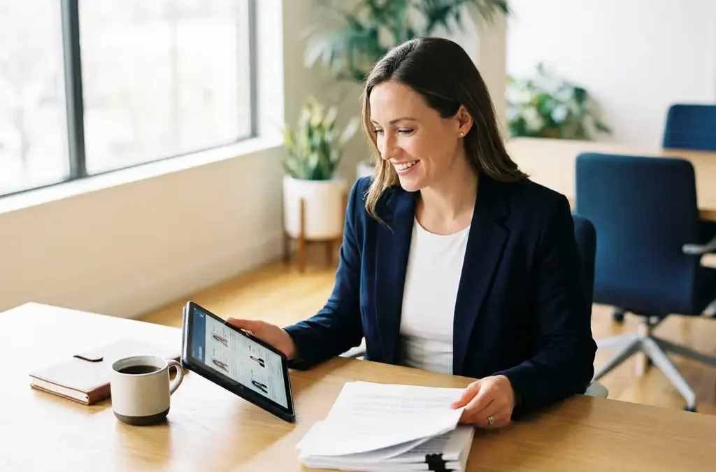 Recruiter bekijkt kandidatenlijst aan modern bureau met koffie en documenten, overgoten door warm ochtendlicht vanuit een groot raam.