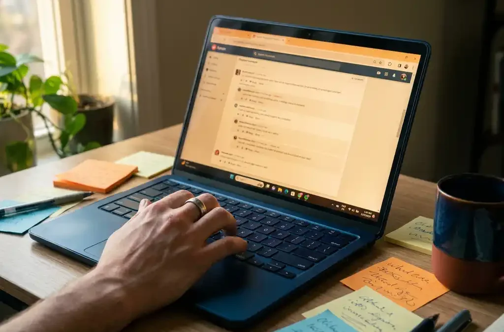 Recruiter scrollt door een community forum op laptop, omringd door sticky notes en koffiekopje op modern bureau in warm ochtendlicht.