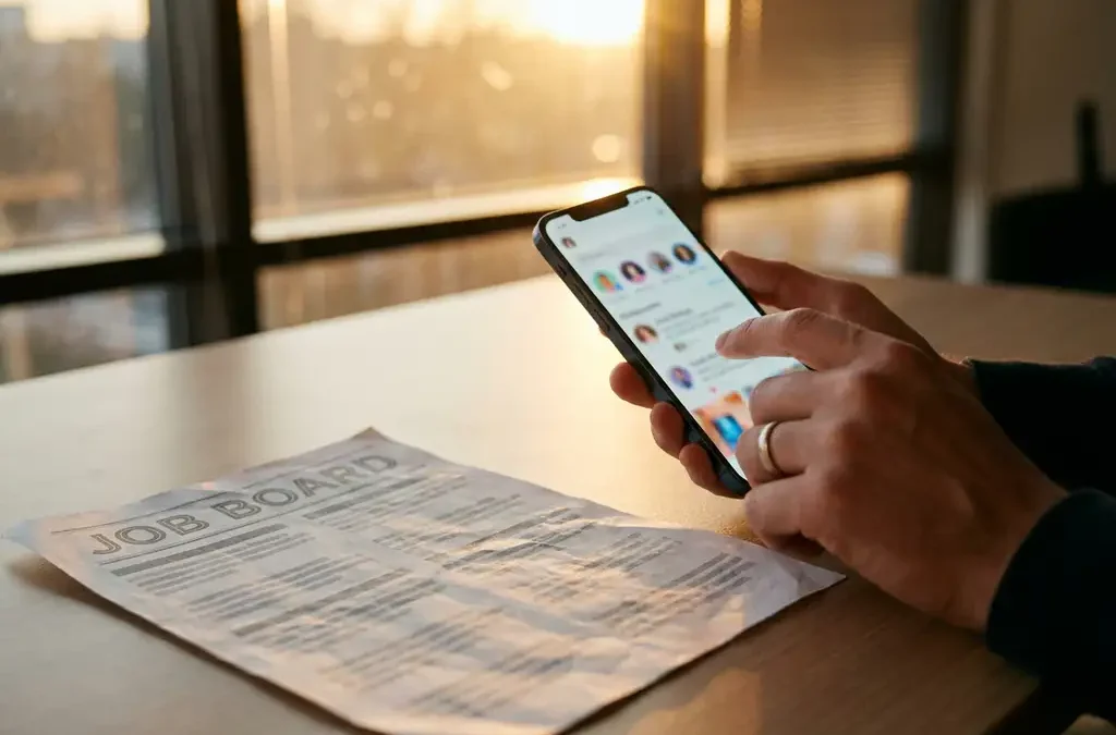 Recruiter scrollt door sociale media op smartphone, verouderd vacaturebord op modern bureau, warm goudkleurig licht.