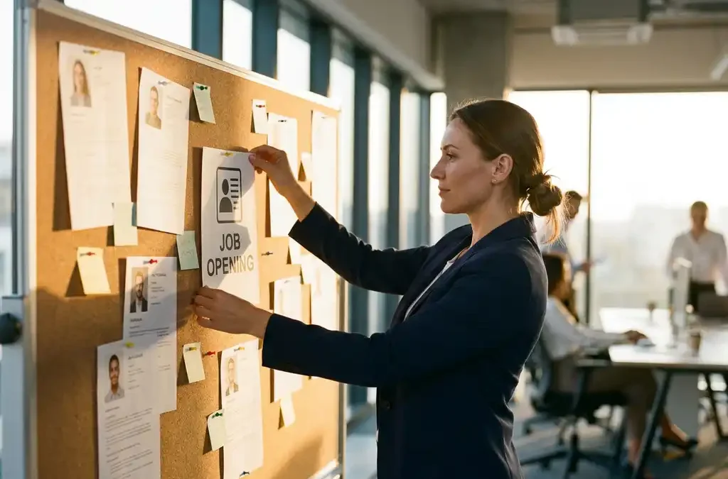 Recruiter prikt vacature op kurkbord in licht kantoor, omringd door kandidaatprofielen en sticky notes in warm amberkleurig middaglicht.