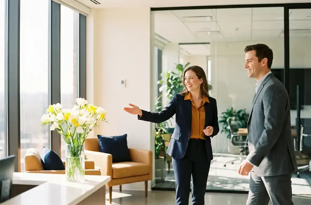 Recruiter verwelkomt sollicitant in moderne, lichte ontvangstruimte met gouden ochtendlicht en verse bloemen op de balie.