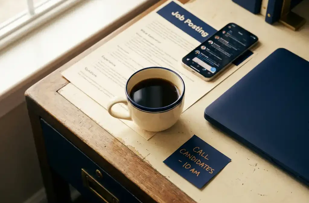 Recruiter bureau met vacatureposter, smartphone, laptop en sticky note rond een koffiekop, bovenaanzicht in warme ivoor- en marineblauw tinten.