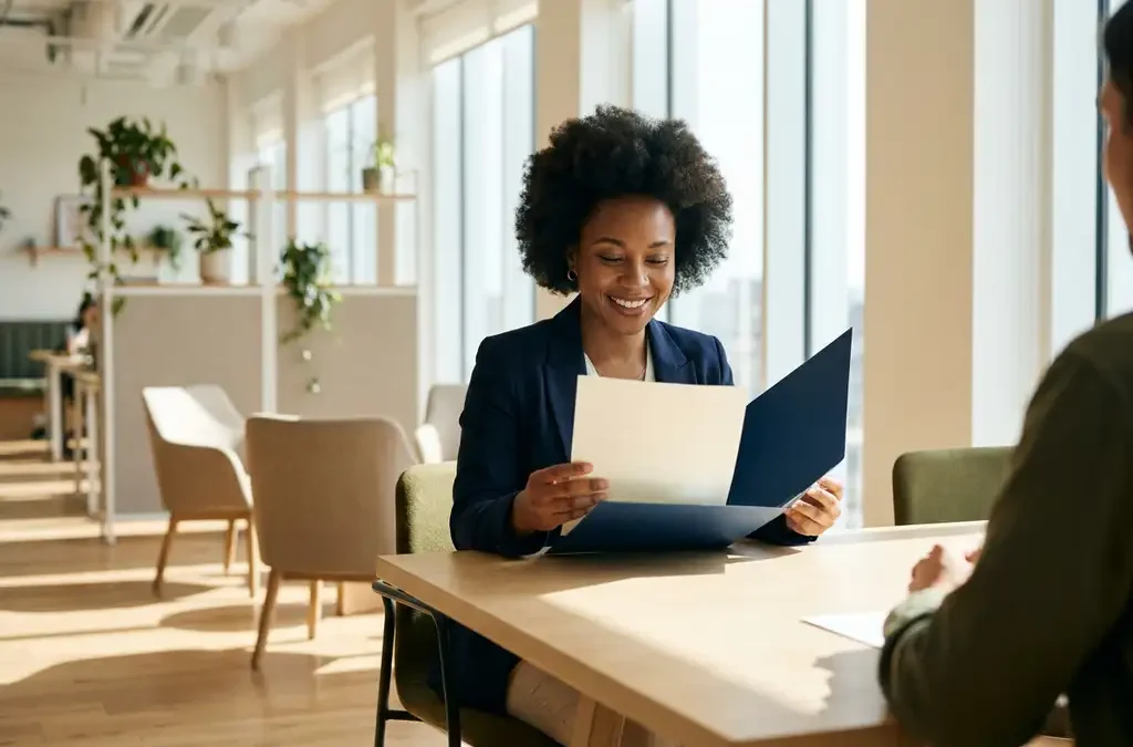 Zelfverzekerde sollicitant bekijkt jobaanbod aan modern recruitmentbureau, lichte open kantooromgeving op de achtergrond.