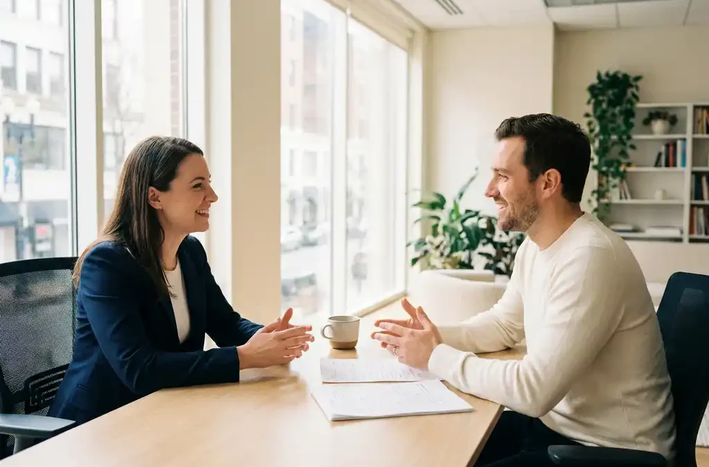 Kandidaat en recruiter in gesprek aan modern bureau met koffie en notities, warm natuurlijk licht, professionele sfeer.