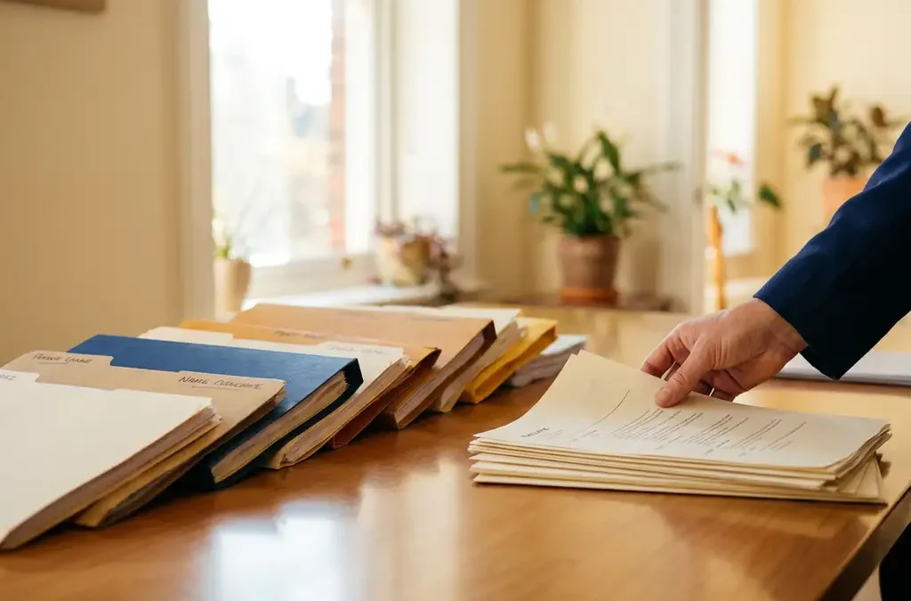 Hiring manager sorteert diverse cv-mappen op een recruitmentbureau bureau in warm kantoorlicht.