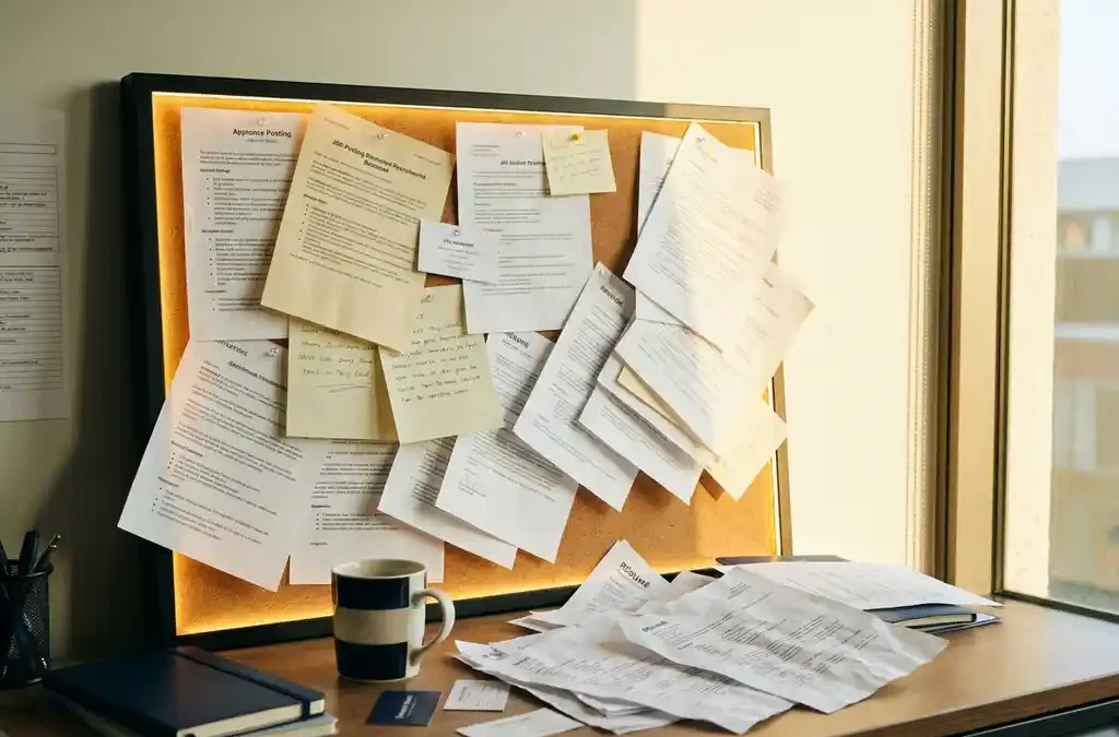 Prikbord vol vacatures en cv's op een recruitmentbureau bureau, verlicht door warm goudkleurig raamlicht.