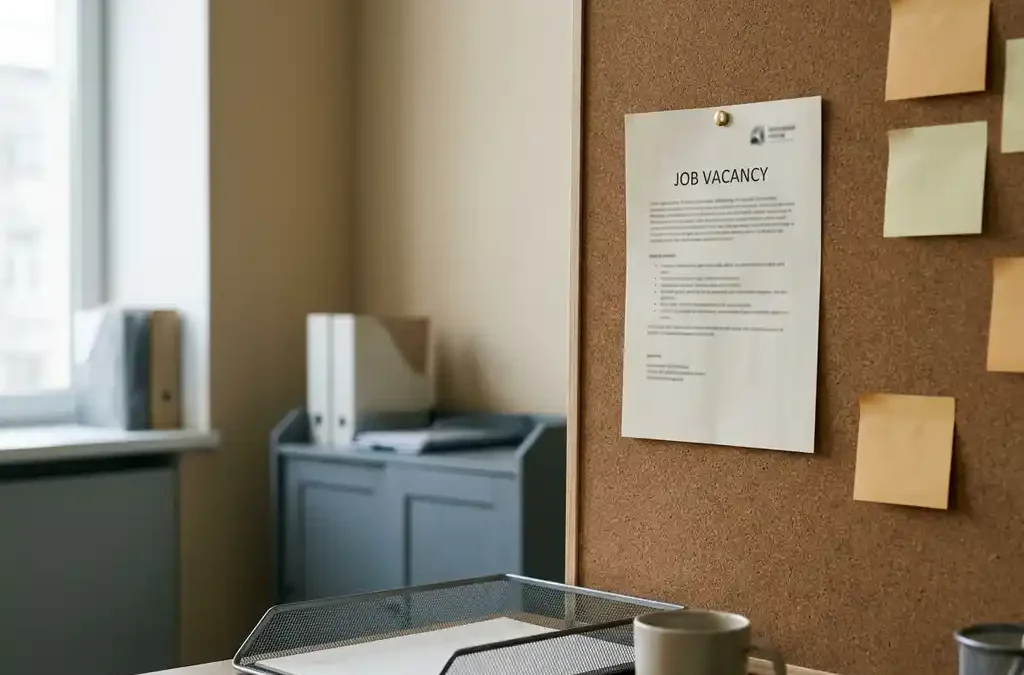 Vacaturebericht geprikt op kurkbord in modern recruitmentkantoor, omringd door lege sticky notes en ongebruikte inbox.