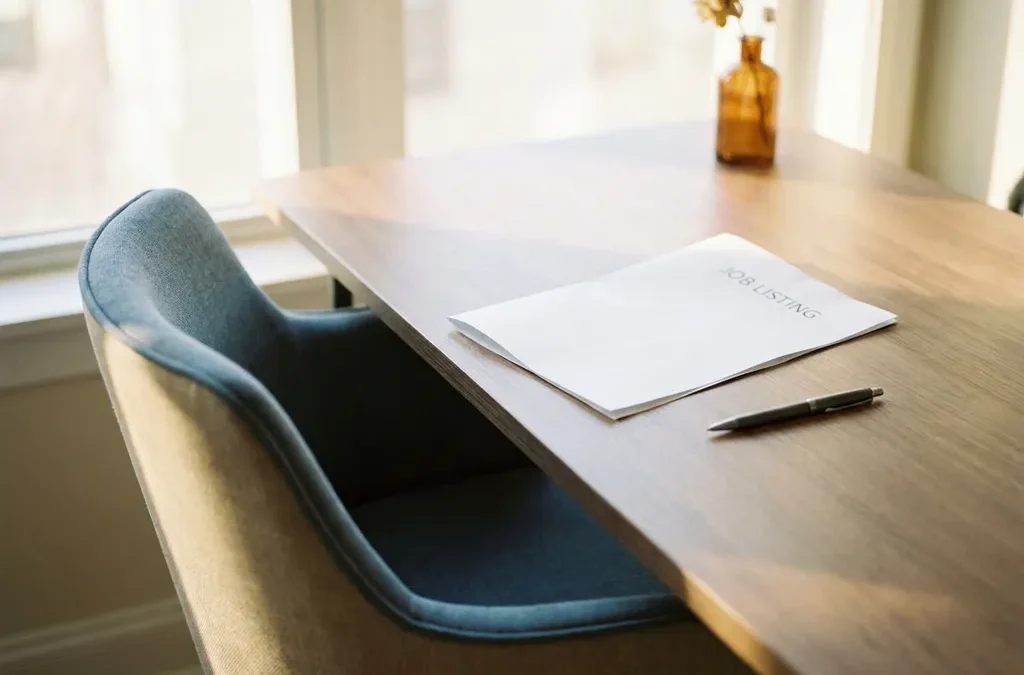 Vacature op wit papier op een leeg bureau met een pen ernaast en een teruggeschoven stoel in warm natuurlijk licht.