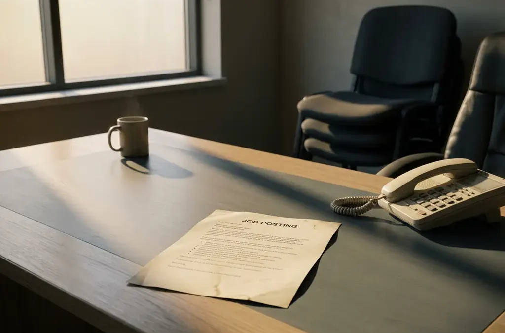 Onbeantwoorde telefoon en lege stoelen rond een recruitersbureau met een eenzame vacature op papier.