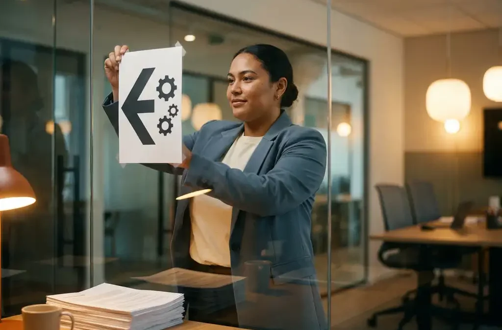 Hiring manager die een vacature op een glazen kantoorwand plaatst, met een stapel cv's op het bureau op de voorgrond.