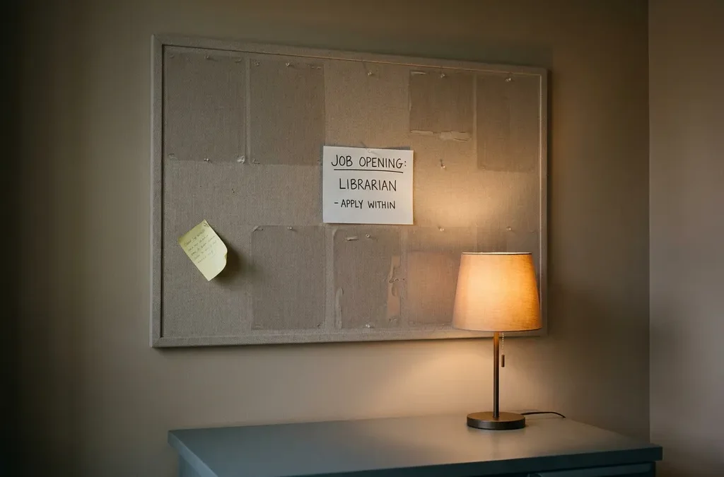 Eenzame vacature geprikt op een kurken bord in een leeg wervingskantoor, verlicht door zachte amberkleurige bureaulamp.