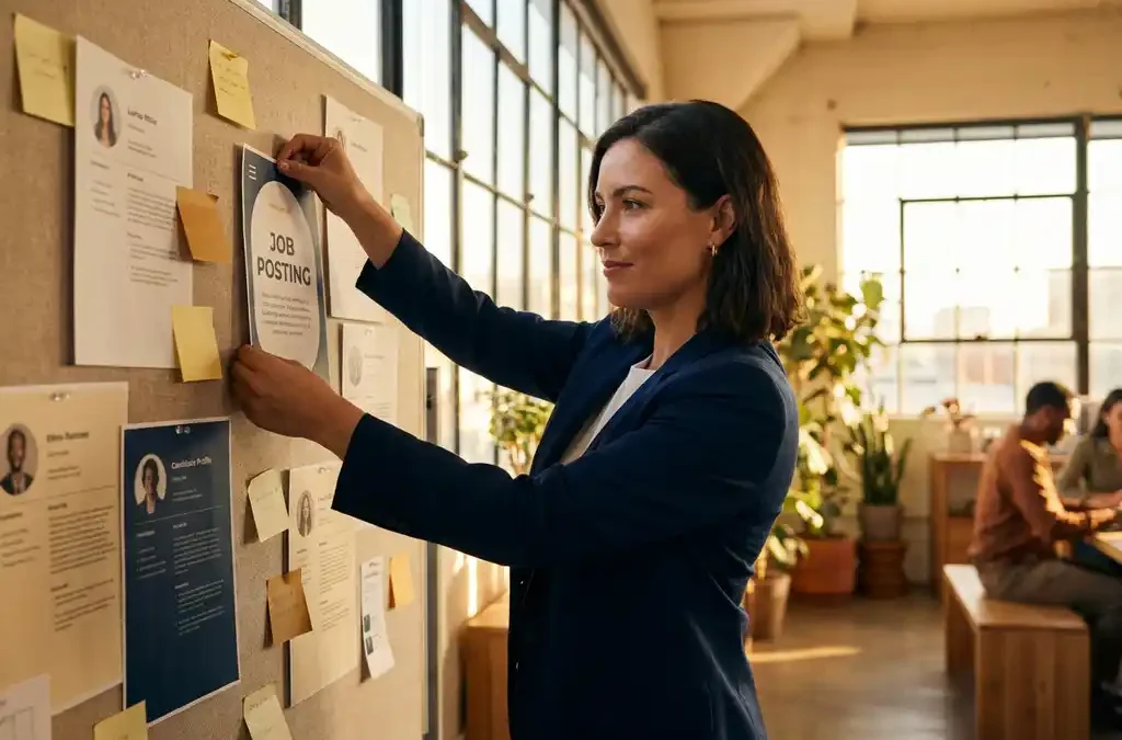 Recruiter prikt vacature op kurkbord omringd door kandidaatprofielen en sticky notes in zonnig kantoor.