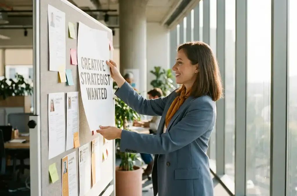 Recruiter prikt vacature op kurkbord in modern kantoor, omringd door kandidaatprofielen en sticky notes in warm natuurlijk licht.