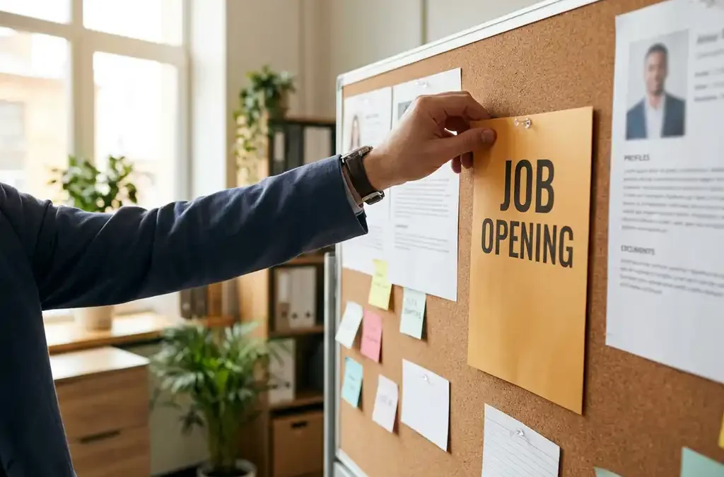 Recruiter prikt vacature op kurkbord omringd door kandidaatprofielen en sticky notes in een licht HR-kantoor.