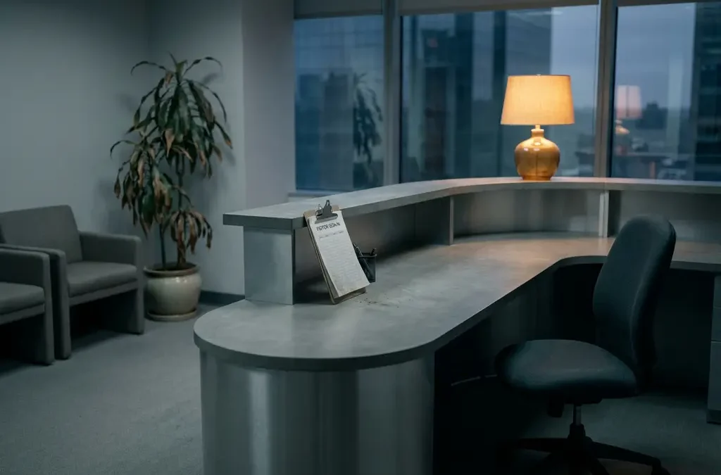 Verlaten receptiebalie met stoffig bezoekersklembord, teruggeschoven stoel en verwelkte plant onder warm bureaulampje.