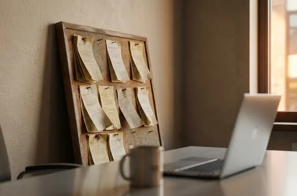 Verouderd prikbord met vergeelde vacaturebriefjes in een modern recruitmentkantoor, met laptop en strak bureau op de voorgrond.