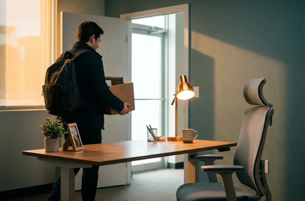 Professional die een volle verhuisdoos draagt richting een verlichte kantooruitgang, lege ergonomische stoel en persoonlijke spullen op bureau achtergelaten.
