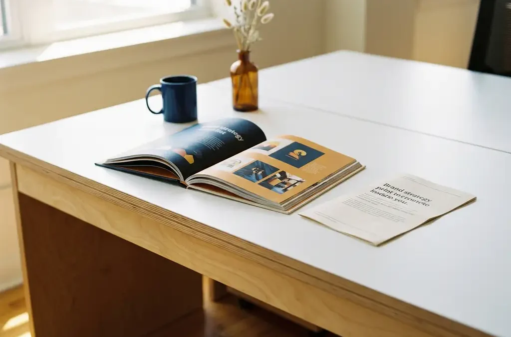 Opengeslagen employer branding boekje naast een vacatureprintout op een bureaublad, verlicht door warm goudkleurig licht.