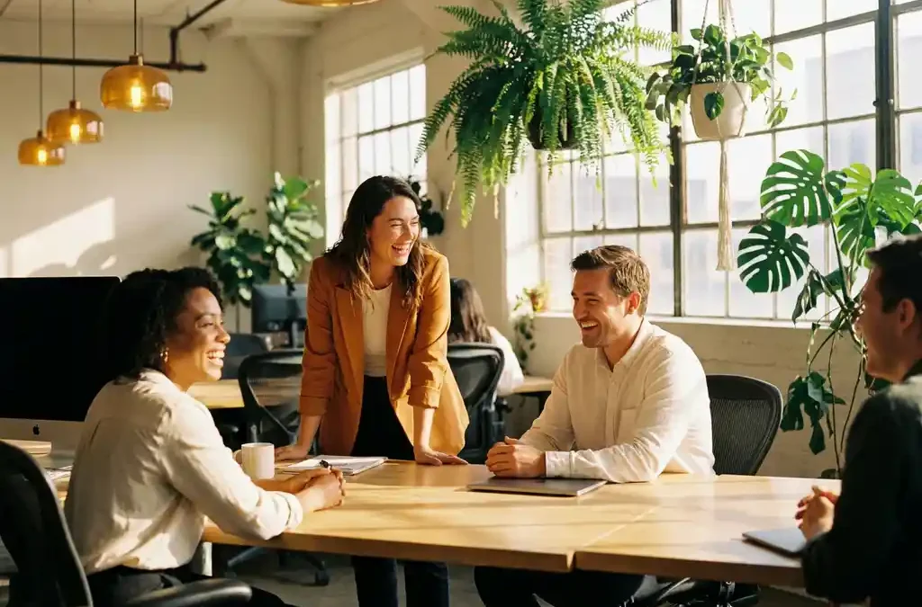 Lachende medewerker met collega's aan een zonnige kantoortafel in een modern open kantoor met planten en houten accenten.
