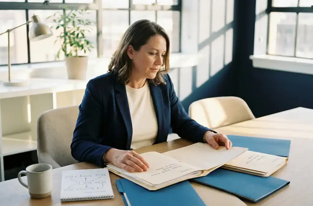 Recruiter bestudeert kandidatenmappen op een modern bureau met strategische aantekeningen, warm middaglicht door grote ramen.