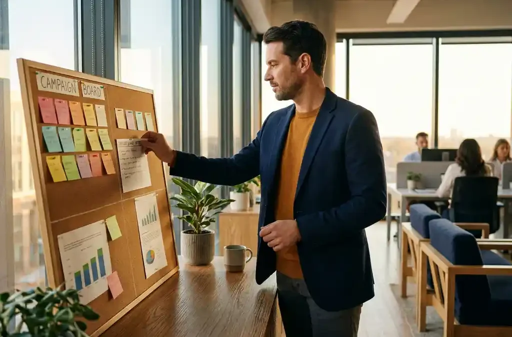Recruiter die strategie-board met kandidaatreis-notities en gekleurde sticky notes vastpint in modern HR-kantoor met warm amberkleurig licht.